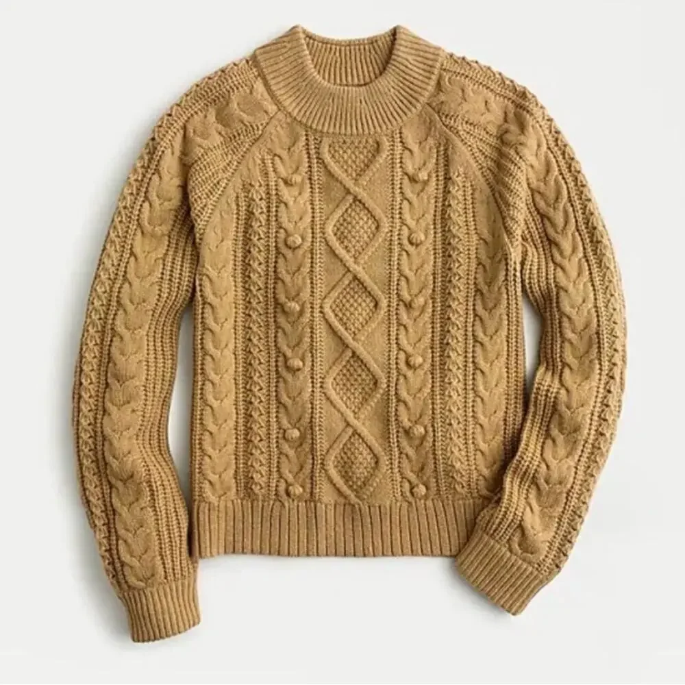 J.Crew Lambswool Blend Pom Pom Cable Knit Sweater XS Camel